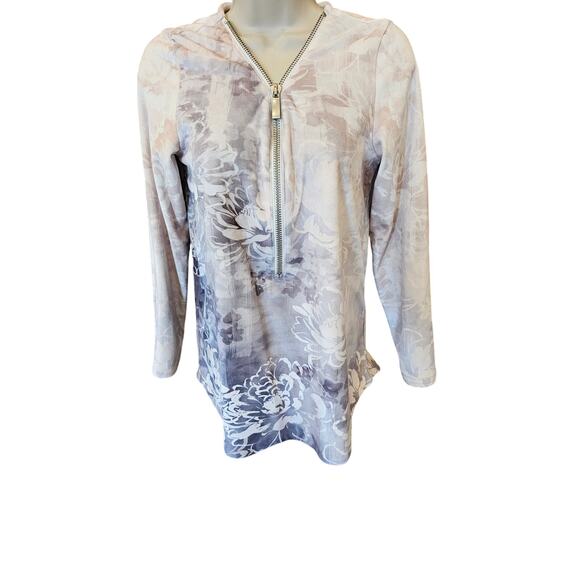 Soft surroundings size XS velour 1/4 zip floral grey white soft pullover sweater - Picture 1 of 8